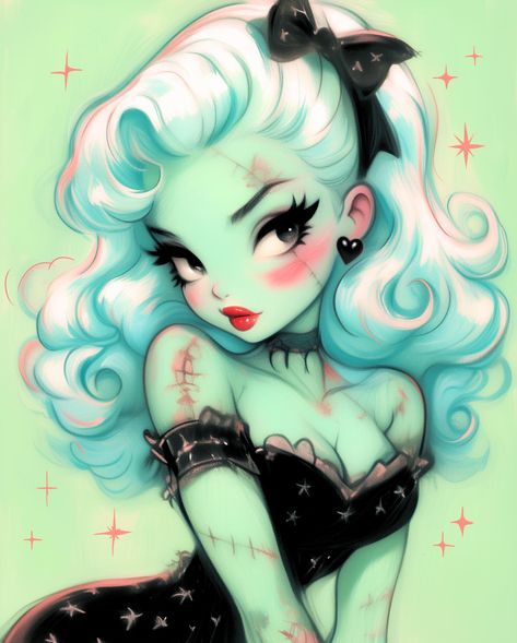 🧟‍♀️🩵💚🖤✨ Pastel Goth Art Kawaii Creepy, Doll Art Drawing, Pastel Goth Drawing, Halloween Pinup Art, Goth Kawaii Art, Kawaii Vampire, Pin Up Cartoons, Cute And Creepy, Y2k Art