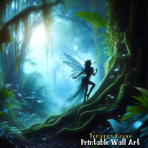 Faery in Silhouette in a Forest - Fantasy Printable - FairyCore - High Resolution 300 DPI - Square Wall Art - up to 27.31 x 27.31 inches Fairy Magic Mystical Forest, Fantasy Forest Art, Nighttime Forest, Faerie Core, Soulmates Art, Enchanted Woodland, Forest Silhouette, Forest Cottage, Fairy Clipart