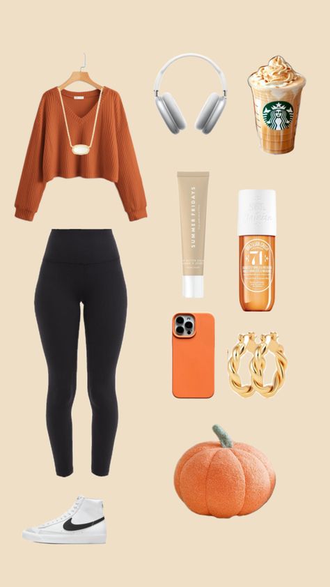 Tell me if you would wear this outfit! Halloween Outfit Ideas For School, Outfit Layout Fall, Halloween Outfit Ideas, Outfit Ideas For School, Orange Sweater, Outfit Layout, Fall Fit, Orange Sweaters, Sweater Fits