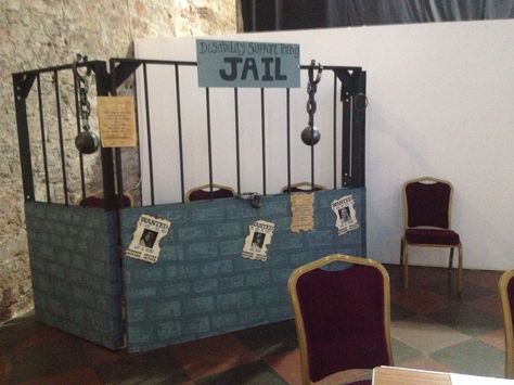 Another picture of jail/prison prop Prison Trunk Or Treat Ideas, How To Make A Jail Cell Prop, Haunted Jail Ideas, Cardboard Jail Cell, Western Jail Prop, Prison Break Party, Jail Cell Trunk Or Treat, Jail Break Theme, Diy Jail Cell Prop