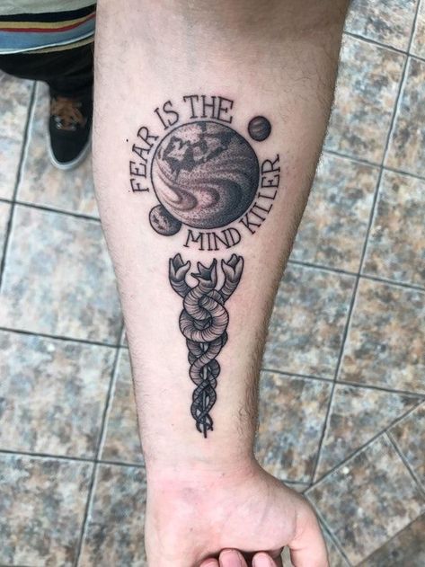 Dune Tattoos Ideas, Dune Inspired Tattoos, Dune Tattoo Ideas, Dune Worm, Dune Tattoo, Worm Tattoo, Nerd Tattoos, Fear Tattoo, Sunflower Tattoo Sleeve