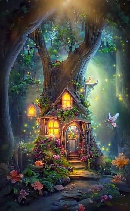 Farie Houses, Gemstone Artwork, Enchanted Night, Fantasy Cottage, Fairy Tree Houses, Fairy Tree, Fairy Artwork, Magical Fairy, Mystical Forest