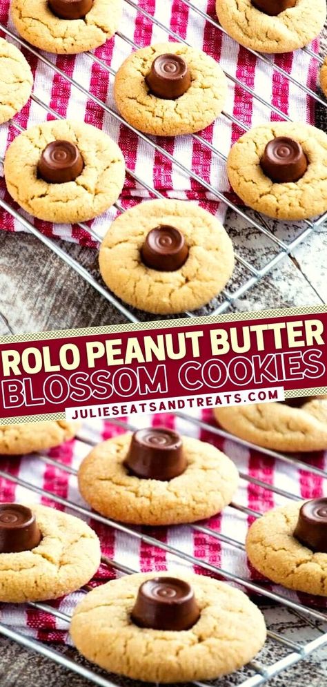 Peanut Butter Rolo Cookies, Rollo Cookies, Blossom Cookies Recipe, Halloween Candy Recipes, Rolo Cookies, Peanut Butter Blossom, Butter Blossoms, Super Cookies, Recipe For Christmas