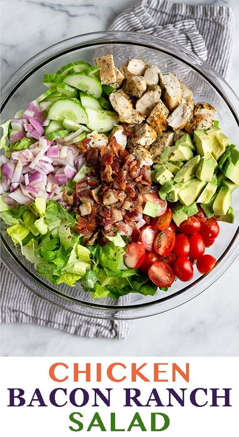 Chopped chicken bacon ranch salad made with fresh veggies, chicken, bacon, avocado, and tossed with ranch dressing. Super easy to make, comes together in 30 minutes, and perfect for BBQs, picnics, potlucks, or just a simple lunch or light dinner. Paleo and Whole30 - Eat the Gains Chicken Bacon Ranch Salad, Bacon Ranch Salad, Greek Chicken Pasta, Whole30 Chicken, Ranch Salad, Chicken And Cabbage, Bacon Avocado, Bacon Salad, Grilled Chicken Salad