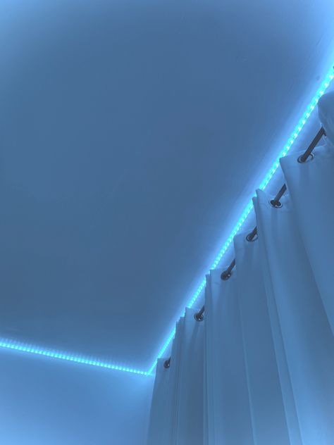 Light Blue Room Lights, Led Lights Bedroom Fake Snap, Led Neon Lights Bedroom, Led Lights On Ceiling Bedroom, Led Lights Around Ceiling, Led Lights Bedroom Aesthetic Pictures, L E D Lights Bedroom, Led Light Setup, Cool Room Items