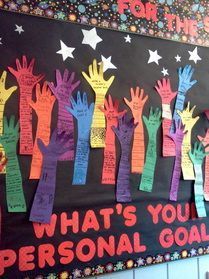 What's your personal goal...I love the idea of hands raised in the air as if they're reaching for the goal! Goals Bulletin Board, Counseling Bulletin Boards, Goal Setting For Students, Esl Ideas, Leader In Me, Student Goals, Learning Goals, Beginning Of Year, Classroom Bulletin Boards