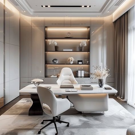 Office space - my sanctuary! Modern Luxe Home Office, Stunning Office Interiors, Cabinet Interior Office, White Office Aesthetic, Office Cabinet Design Modern, House Interior Office, His Hers Office, Manager Office Design, Director Room