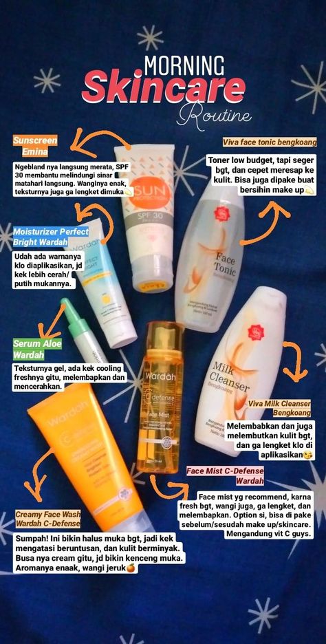 Skincare remaja skincare morningskincare wardah emina viva toner creamywash facialwash serum moisturizer Bruntusan Skincare, About Skincare, Recommended Skin Care Products, Skin Care Routine 30s, Beautiful Skin Care, Morning Skincare, Diy Body Care, Glowing Skincare, Morning Skin Care Routine