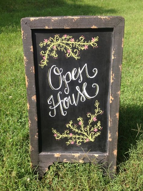 Open House hand lettered design from SHEdesigned New Business Open House Ideas, Open House Chalkboard Sign, Housewarming Sign Ideas, Open House Sign Ideas, Open Chalkboard Sign, We Are Open Sign, Chalkboard Sayings, Housewarming Sign, Chalkboard Party