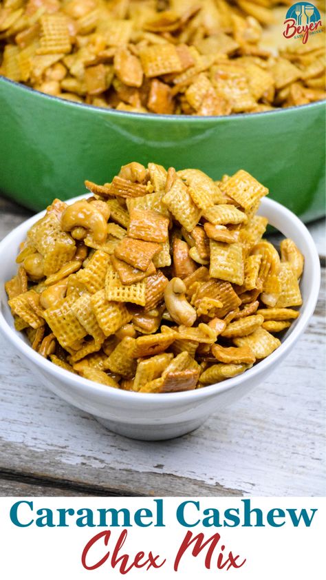 Caramel cashew chex mix is a sweet snack mix that combines Chex, Golden Grahams, and cashews for a sweet and salty chex mix recipe. Raise your hand if you love sweet and salty snacks. If you are a lover of all things caramel corn, trail mix, puppy chow, and french fries dipped in ice cream, then you will be all in on this caramel cashew snack mix. Salted Caramel Puppy Chow, Caramel Puppy Chow, Cashew Chex Mix Recipes, Chex Mix Caramel Recipe, Carmel Chex Mix In Oven, Sweet And Salty Frito Snack, Caramel Chex Mix Recipes Oven, Caramel Chex Mix Recipes, Carmel Chex Mix Recipe