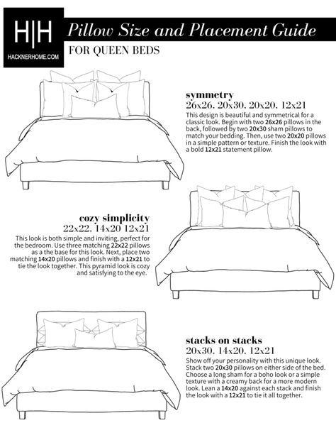 How to Style Neutral Pillows for a Queen Bed - Inside Queen Size Bed Master Bedrooms, Full Vs Queen Bed Size, Queen Bed Arrangement, Throw Pillow Bed Arrangement, Queen Bed Pillow Arrangement, Bed Arrangement, Bed Pillow Arrangement, Bed Pillow Sizes, Statement Pillow