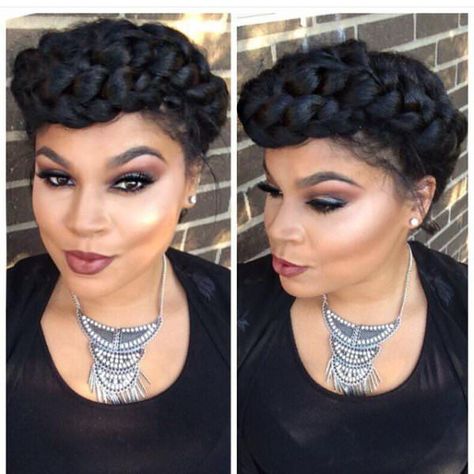 Braids And Makeup, Goddess Braids Natural Hair, Goddess Braid Ponytail, Goddess Braids Updo, Goddess Braid Styles, Halo Braids, Halo Braid, Prom Hair Updo, Natural African American Hairstyles