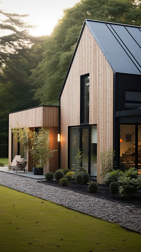 Exterior Scandinavian House, Metal Building Turned Into A House, Scandinavian Prefab House, Black Shingle House, Scandinavian Garage Design, New Zealand Architecture Modern, Natural Board And Batten Siding, Tiny Home On Foundation, House Design Outside Simple