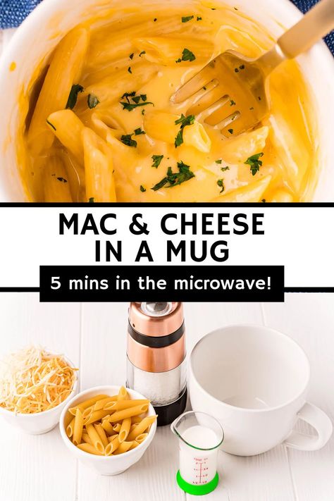 Short on time but want macaroni and cheese? This Mac and Cheese in a Mug takes only FIVE minutes to make in the microwave and will satisfy all cheesy cravings! | www.persnicketyplates.com Recipe In A Mug, Mac And Cheese Mug, Mac And Cheese Microwave, Make Mac And Cheese, Rice Ideas, Persnickety Plates, 5 Minute Recipe, Microwave Mug Recipes, Mug Recipe