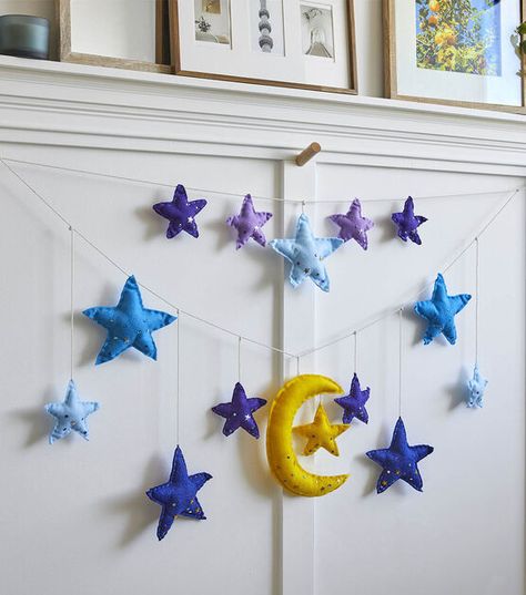 How To Make Felt Moon and Star Garland Online | JOANN Felt Star Garland, Felt Moon, Moon Garland, Baby Gadget, Ramadan Craft, Felt Stars, Diy Felt Christmas Ornaments, Bedroom Redesign, Ramadan Decor