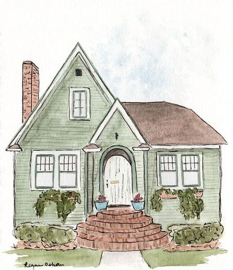 Home Watercolor Illustration, House Sketch Watercolor, Watercolor Of House, How To Paint A House On Canvas, Watercolour Buildings Simple, Simple House Illustration, House Pictures Drawing, Simple House Painting, Watercolor House Painting Simple