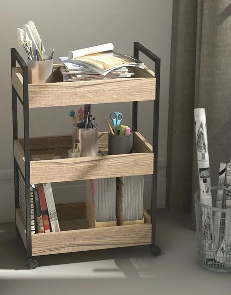 20 stylish rolling carts that add extra storage to any room - Living in a shoebox Library Cart Makeover, Bathroom Rolling Cart, Utility Cart Ideas, Rolling Cart Organization, Rolling Carts, Wooden Cart, Serving Bar, Utility Storage, Solid Wood Shelves