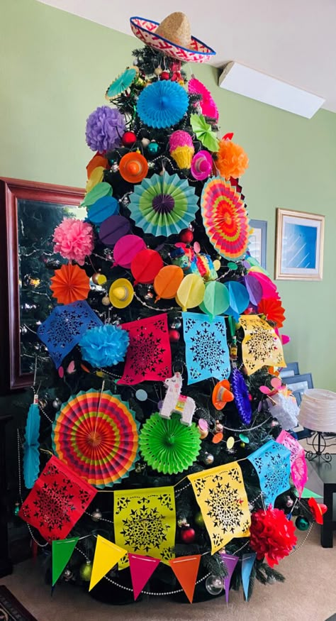 Anna’s Cinco de Mayo Tree Mexican Christmas Trees, Mexican Style Christmas Tree, Mexico Christmas Tree, Colombian Christmas, Mexican Themed Christmas Tree, Christmas Mexico, Fiesta Christmas Tree, Mexican Christmas Decor, School Christmas Tree