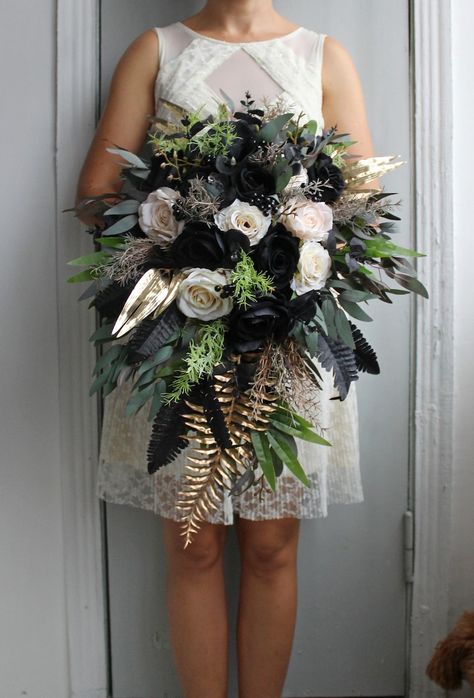 Emerald Green Black Ivory Gold Wedding Flowers Cascading - Etsy Wedding Bouquet Crystal, Green And Black Flower Bouquet, Black Green And Gold Wedding Flowers, Black Sage Green Wedding, Forest Green Wedding Flowers, Black And Green Bouquet, Black And Gold Flower Arrangements, Emerald Green Flower Bouquet, Green Gold Black Wedding