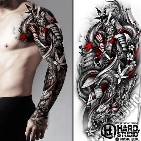 #sleeve #dragon #hardstudio #tatto design #nice tattoo #japanese #nature #JapaneseStyle #DragonTattoo #Pagoda #Geisha #Samurai #CherryBlossom #TattooDesign #InkMagic Japanese Oni Tattoo Sleeve, Cool Arm Sleeve Tattoo For Men, Japanese Style Tattoo Design, Japan Tatoos Design, Japananese Tattoo, Japanese Samurai Tattoo Sleeve For Men, Samurai With Dragon Tattoo, Samurai Cherry Blossom Tattoo, Traditional Japanese Dragon Tattoo Designs