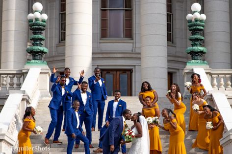 Yellow and Blue wedding Mustard Gold Bridesmaid Dresses, Mustard Wedding Dress, Yellow Bridesmaid Dresses Black Women, Blue And Yellow Bridesmaids, Mustard Yellow Wedding Theme, Mustard Wedding Theme, Mustard Wedding Dresses, Mustard Yellow Bridesmaid Dresses, Mustard Yellow Bridesmaid