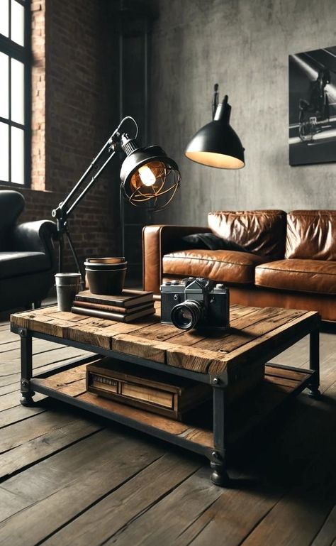 Leather Sofa Industrial Living Room, Wood And Metal Furniture Design Ideas, Industrial Moodboard, Retro Industrial Decor, Mens Living Room, Loft Style Living Room, Industrial Vintage Decor, Industrial Apartment Decor, Industrial Farmhouse Living Room