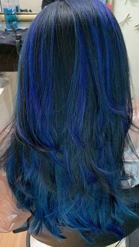 Blue Hair Blonde Highlights, Blue Hair With Black Highlights, Brown Blonde And Blue Hair, Blue Highlights In Light Brown Hair, Blue Hair Ideas For Brunettes, Half Blue Half Black Hair, Dark Hair With Blue Highlights, Blue Highlights On Black Hair, Blue Chunky Highlights