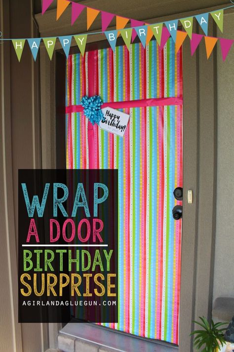 fun birthday surprise--wrap a door to look like a present! Decorate Door For Birthday, Decorate Office For Birthday, Work Birthday Decorations, Birthday Front Door, Birthday Door Decorations, Office Birthday Decorations, Birthday Surprise Husband, Birthday Surprise For Mom, Birthday Surprise Kids