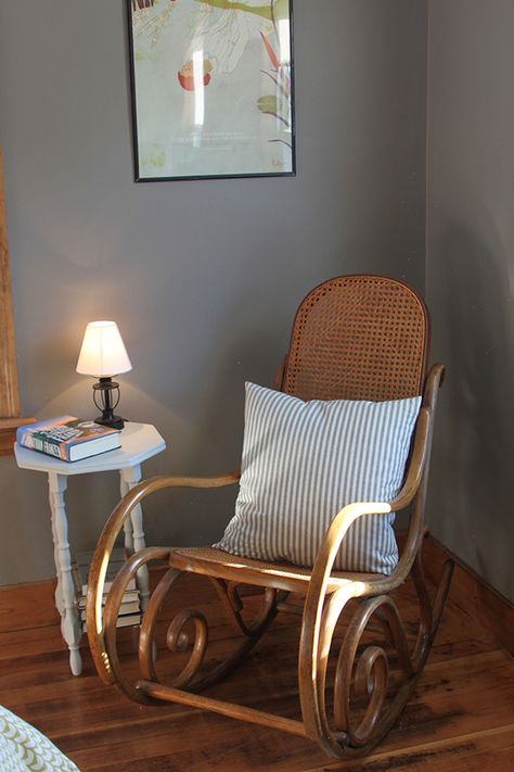 Reading nook with Bentwood rocker Bedroom With Gray Walls, Bentwood Rocker, Bentwood Rocking Chair, Sitting Nook, Gray Bedroom Walls, A Reading Nook, Cottage Style Interiors, Wicker Rocking Chair, Rocking Chair Nursery