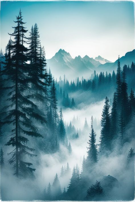 Misty Mountain Forest at Dawn Photograph II Art Print Mountains And Trees, High Mountain, Pine Forest Wallpaper, Misty Landscape, Landscape Forest, Painting Of Nature, Misty Landscape Painting, Mountain Forest, Fog Painting