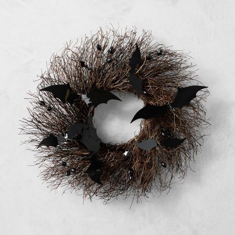 Spooky Halloween Bat Wreath | Williams Sonoma Ravens Wreath, Bat Wreath, Living Wreath, Classic Wreath, Table Setting Inspiration, Kids Pottery, Halloween Bat, Hair Raising, Black Bat