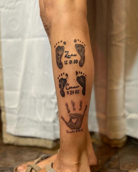 Give me all the baby prints 😭 HOW CUTE!? 🥹❤️ • • • #birthcertificate #babyfeet #footprints #handprint #footprinttattoo #handprinttattoo #motherhood #sons #boymom #blackink #dynamicink #legtattoo #townsend #montanasmallbusiness Baby Footprint Tattoo For Dad, Baby Foot Print Tattoo, Hand Print Tattoos, Tattoo For Dad, Baby Footprint Tattoo, Verse Tattoos, Baby Footprint, Dad Tattoos, Baby Footprints