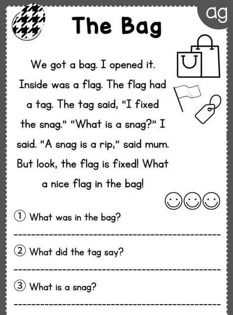 " the bag  " read and write the answer. short and long vowels worksheet. cvc words easy reading Cvc Short Stories, Vowels Worksheet, 1st Grade Reading Comprehension, Long Vowel Worksheets, Short And Long Vowels, Fun Phonics Activities, Phonics Worksheets Free, Complete The Story, Cvc Word Activities