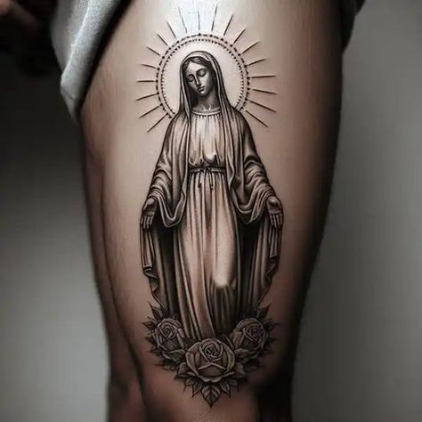 Best 30  virgen mary tattoo Blessed Mother Tattoo, Virgen Mary Tattoo, Thigh Garter Tattoo, Cross With Wings Tattoo, Mother Mary Tattoos, Cute Shoulder Tattoos, Mercy And Grace, Front Shoulder Tattoos, Grace Tattoos