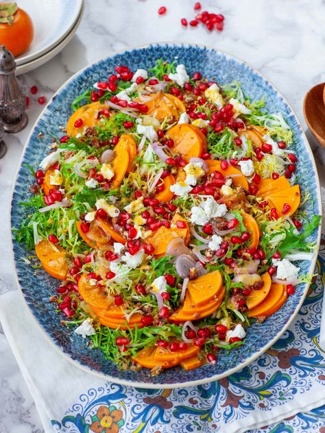 Easy Pomegranate Persimmon Salad (video) - Tatyanas Everyday Food Recipe With Pomegranate, Persimmon Pomegranate Salad, Persimmons Salad, Persimmon Salad Recipe, Pomegrante Salad, Orange Vinaigrette Dressing, Berry Salad Recipe, Persimmon Salad, Creamy Chicken Stew