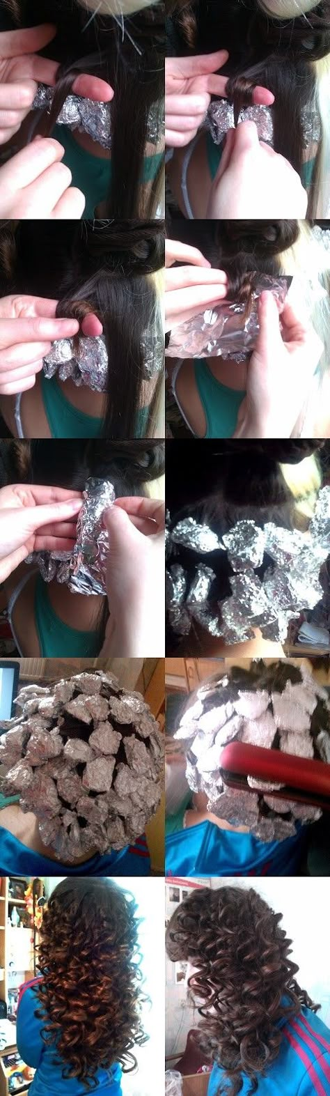 Take sections of hair and coil them around your finger. Then carefully wrap tinfoil around the coil, removing your finger from the hair as you do so. Do this all over your hair. Then take a straightner and heat up each tinfoiled section of hair. Wait until hair is cooled and take out tinfoil for beautiful curls How To Wave Your Hair, Tin Foil Curls, Wavy Hairstyle, Great Hair, Hair Waves, Hair Skin, Hair Dos, About Hair, Pretty Hairstyles