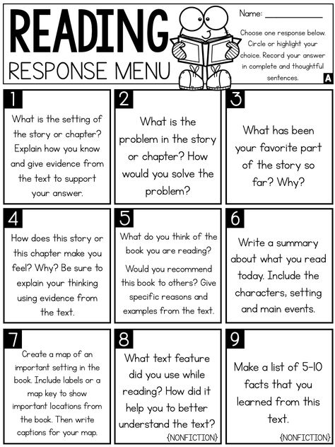 3rd Grade Journal Topics, Daily 5 5th Grade, Readers Response Prompts, Reading Questions For Any Book, 3rd Grade Reading Projects, Grade 3 Literacy Activities, Reading Comprehension Fourth Grade, Reading Menus For 3rd Grade, Reading Homework 2nd Grade