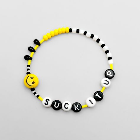 SUCK IT UP Handmade Stretch Beaded Word Bracelet, 90s Retro Smiley, Alternative Stack Bracelet, Bright Yellow and Monochrome, Unique Gift - Etsy Stack Bracelet, Word Bracelet, 90s Retro, Cute Ideas, In High School, Diy Accessories, Bracelet Stack, Bright Yellow, Beaded Bracelet