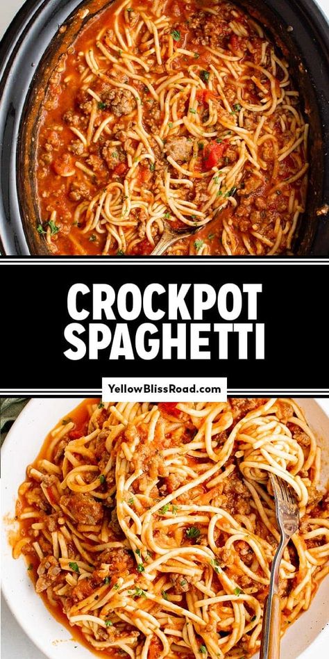 Slow Cooker Spaghetti Crockpot Creamy Spaghetti, Crock Pot Recipes Spaghetti, Slow Cooker Baked Spaghetti, Crockpot Linguine Recipes, Spaghetti Bake Crockpot, Crock Pot Baked Spaghetti, Crockpot Spaghetti Recipes Easy, Croc Pot Spaghetti, Potluck Pasta Dishes Crockpot