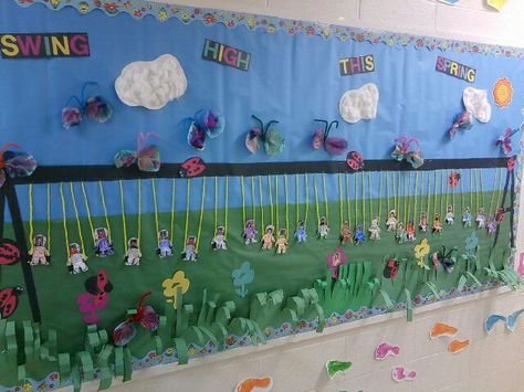 Swings Spring Mural Preschool, Preschool Flower Bulletin Board Ideas, Spring Classroom Bulletin Board Ideas, May Bulletin Boards, Spring Bulletin Board Ideas For Preschool, Spring Time Bulletin Board Ideas, April Bulletin Board Ideas, Spring Bulletin Boards Preschool, Butterfly Bulletin Board