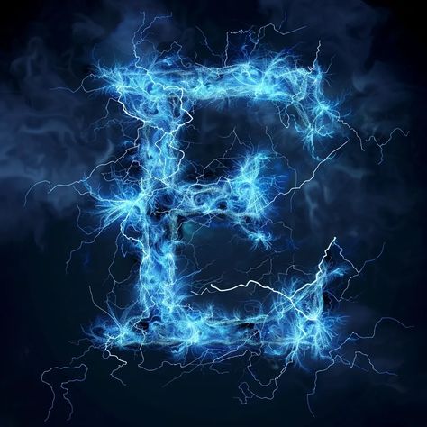 The image is a letter "E" made of blue lightning. The background is black with a stormy sky ->> more details in ai-img-gen.com Lightning Letters, Stormy Sky, Blue Lightning, Logo Art, Letter E, Letter S, A Letter, Art Logo, Black Background