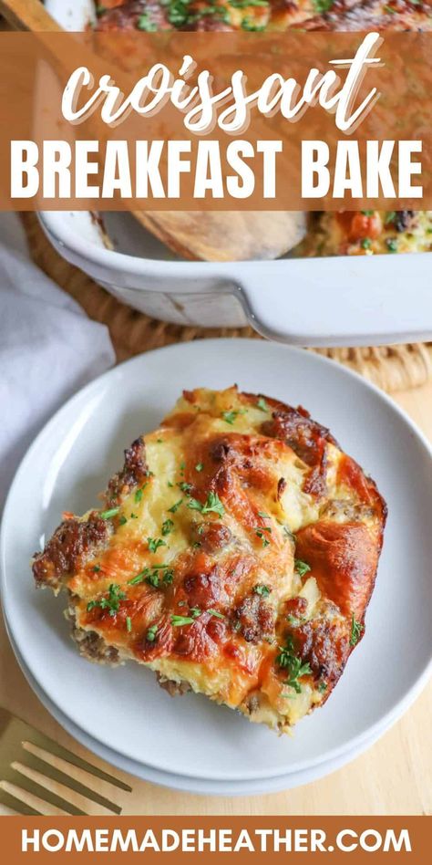 Discover a fun twist on breakfast with this sausage & croissant breakfast casserole—mix croissants, sausage and eggs for brunch perfection! Egg And Croissant Brunch Bake, Croissant Casserole Breakfast, Croissant Breakfast Pie, Breakfast Casserole With Croissants, Breakfast Casserole Croissant, Sausage Croissant, Eggs For Brunch, Eggs Dishes, Dutch Oven Breakfast