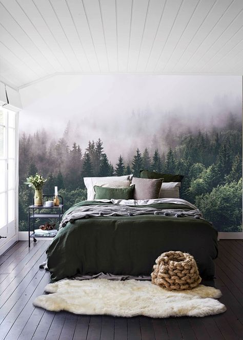 Tree Wallpaper Bedroom, Mismatched Furniture, Minimalist Bed, Minimalist Bedroom Design, Green Bedroom, Interior Room, Forest Wall, Elegant Home Decor, Wallpaper Bedroom