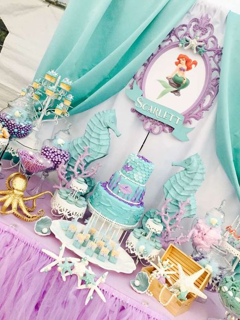 Little Mermaid birthday party | CatchMyParty.com Ariel 2nd Birthday Party, Ariel Little Mermaid Birthday Party, Ariel First Birthday Party, Little Mermaid Cake Ideas, Mermaids Birthday Party, Little Mermaid Birthday Party, Ariel Birthday Party, Ariel Party, Mermaid Birthday Party Decorations