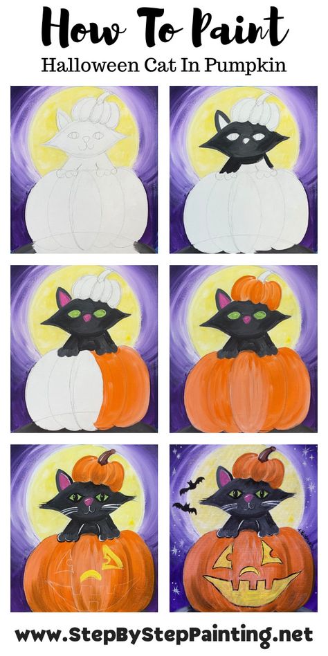 How To Do Canvas Painting Step By Step, Halloween Painting Easy Step By Step, Step By Step Halloween Painting, Halloween Painting Tutorial, Halloween Paint Tutorial, How To Paint A Cat Step By Step, Easy Halloween Paintings For Kids, Cat Painting Tutorial Step By Step, Halloween Paint Night