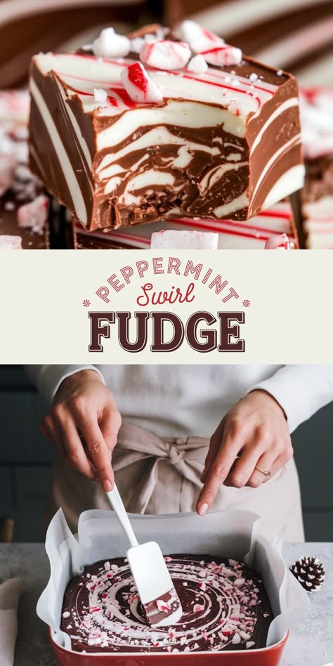 A dual-layered image featuring peppermint swirl fudge. The top half shows a close-up of a decadent square of fudge with rich chocolate and creamy white swirls, garnished with crushed peppermint candy on top, emphasizing the festive flavor and smooth texture. The bottom half shows hands smoothing the surface of the fudge mixture in a pan with a spatula, giving a behind-the-scenes look at the preparation process. Peppermint Mocha Fudge, Dark Chocolate Peppermint Fudge, Williams Sonoma Peppermint Bark Recipe, Peppermint Swirl Fudge, Peppermint Chocolate Fudge, Peppermint Crunch Recipes, White Chocolate Christmas Recipes, Cream Cheese Peppermint Fudge, White Chocolate Christmas Fudge