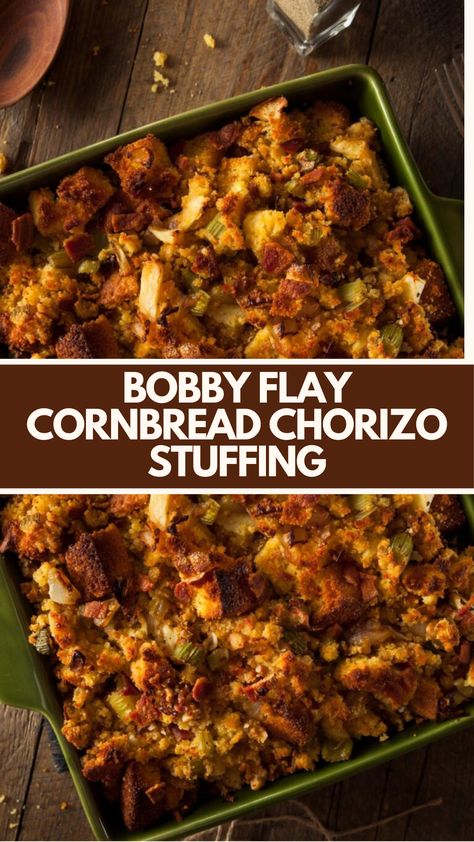 Bobby Flay Cornbread Chorizo Stuffing is made with fresh Mexican chorizo, white onion, carrot, celery, garlic, cornbread, cilantro, chicken stock, and butter, topped with cotija cheese. This delicious recipe takes 45 minutes to prepare and cook, serving 6 people. Garlic Cornbread, Chorizo Stuffing, Cornbread Stuffing Recipes, Christmas Soup, Bobby Flay Recipes, Thanksgiving Stuffing Recipes, Vegetarian Gravy, Mexican Chorizo, Cilantro Chicken