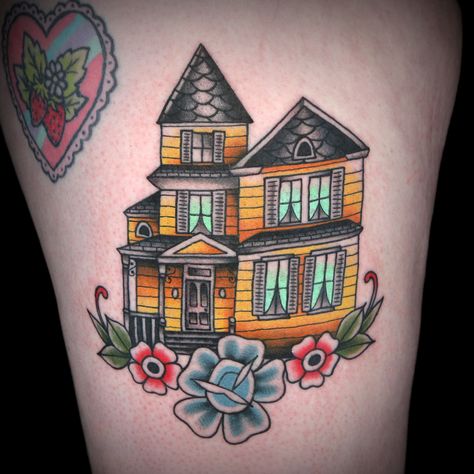 Victorian House Tattoo by Holli Marie American Traditional House Tattoo, Victorian Home Tattoo, Traditional House Tattoo, House Tattoo Traditional, Childhood Home Tattoo, Victorian House Tattoo, Dollhouse Tattoo, England Tattoo, Vintage Style Tattoos