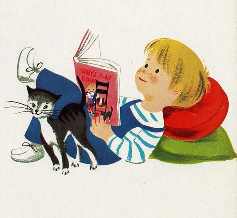 Vintage children's book illustration - boy and cat reading Mid Century Illustration, Cat Reading, Reading Art, Reading A Book, Play Book, Vintage Children's Books, Retro Illustration, Kids Reading, Kids' Book