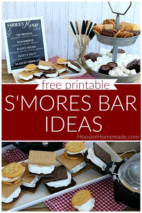 S'mores Bar with FREE Printable S’mores Bar For Party, Build Your Own Smores Bar, S’more Buffet, S’mores Bar Signs, S’mores Menu Sign, Smore Love Engagement Party, S’mores Dessert Bar, Smores Party Bar, S’mores Station Ideas